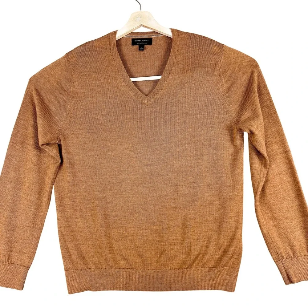 Banana Republic Sweater Mens Large Brown 100% Merino Wool V Neck‎ Pullover Knit